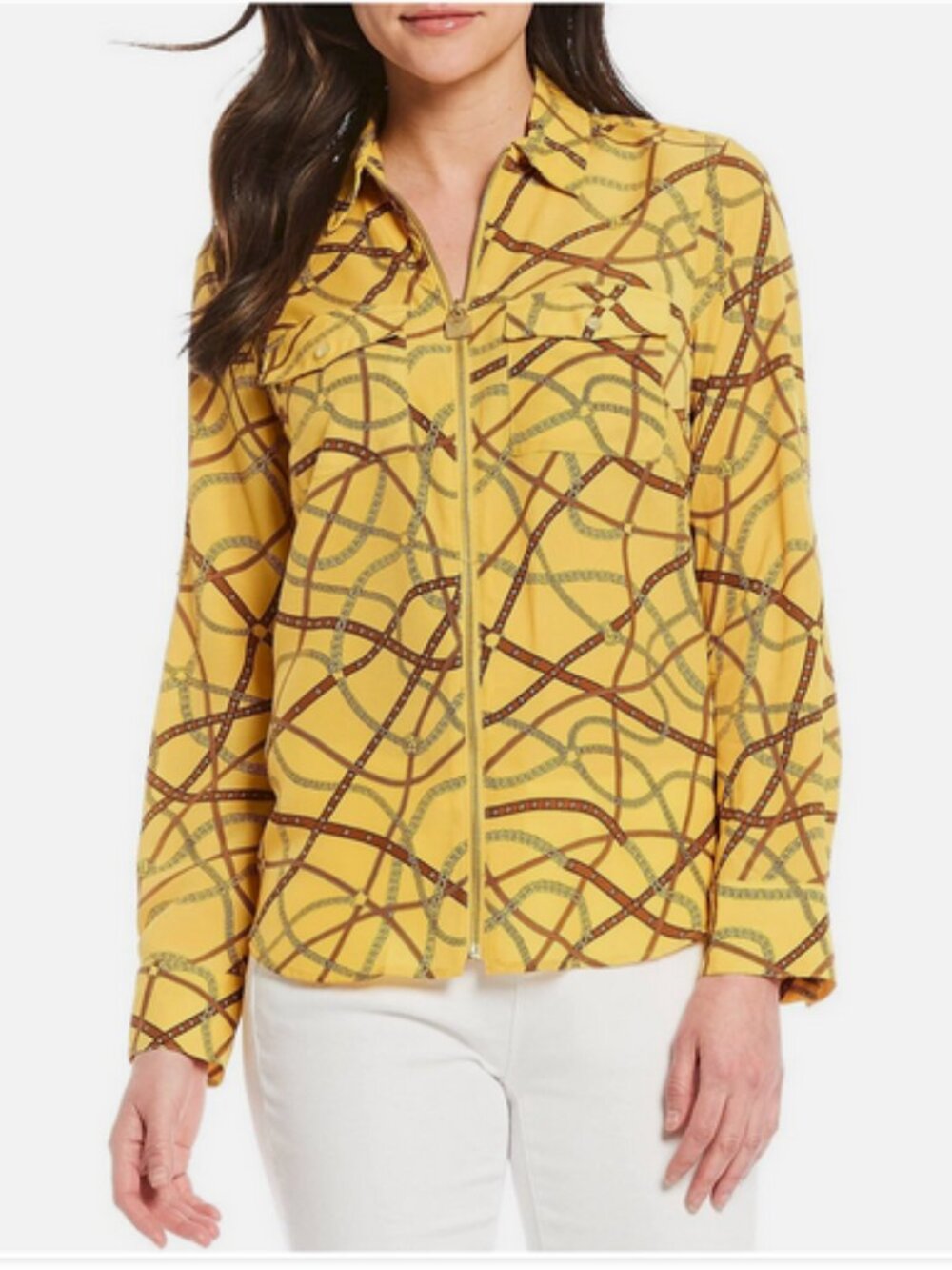 MICHAEL KORS Yellow Equestrian Chain Shirt Jacket XS S M Shacket 36" Chest